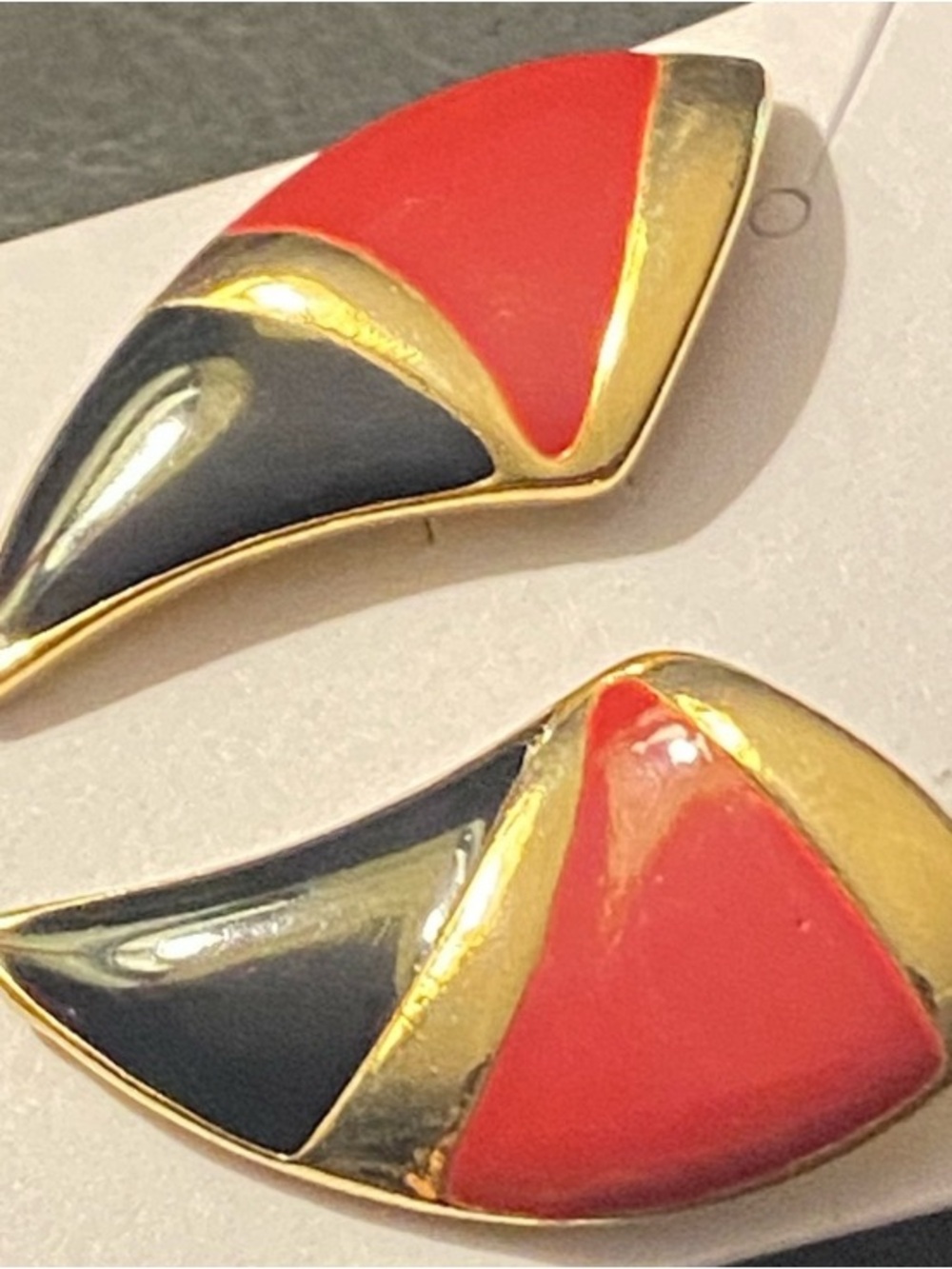 Vintage 80s Red & Black Enamel Gold Tone Metal Stud Earrings Ralph Lauren